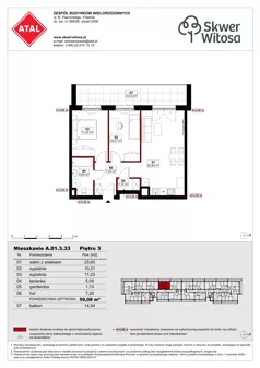 3 pokoje, mieszkanie 59,08 m², piętro 3, oferta nr A01.3.33, Skwer Witosa, Piastów, ul. Bodycha/Witosa