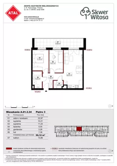 3 pokoje, mieszkanie 59,12 m², piętro 3, oferta nr A01.3.34, Skwer Witosa, Piastów, ul. Bodycha/Witosa