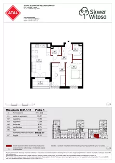3 pokoje, mieszkanie 60,52 m², piętro 1, oferta nr B01.1.11, Skwer Witosa, Piastów, ul. Bodycha/Witosa