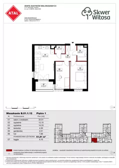 3 pokoje, mieszkanie 61,81 m², piętro 1, oferta nr B01.1.12, Skwer Witosa, Piastów, ul. Bodycha/Witosa