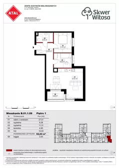 3 pokoje, mieszkanie 62,04 m², piętro 1, oferta nr B01.1.09, Skwer Witosa, Piastów, ul. Bodycha/Witosa