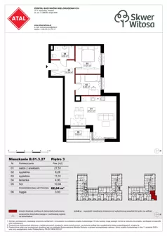 3 pokoje, mieszkanie 62,04 m², piętro 3, oferta nr B01.3.27, Skwer Witosa, Piastów, ul. Bodycha/Witosa