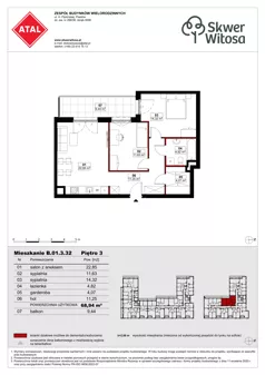 3 pokoje, mieszkanie 68,94 m², piętro 3, oferta nr B01.3.32, Skwer Witosa, Piastów, ul. Bodycha/Witosa