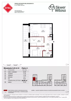 3 pokoje, mieszkanie 60,69 m², piętro 2, oferta nr C01.2.14, Skwer Witosa, Piastów, ul. Bodycha/Witosa