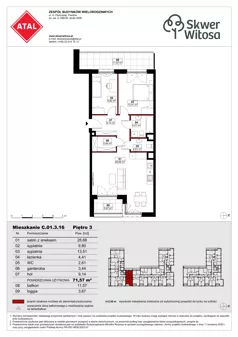 3 pokoje, mieszkanie 71,57 m², piętro 3, oferta nr C01.3.16, Skwer Witosa, Piastów, ul. Bodycha/Witosa