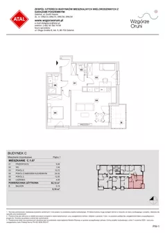 3 pokoje, mieszkanie 62,14 m², piętro 1, oferta nr C.1.07, ATAL Wzgórze Oruni, Gdańsk, Orunia Górna-Gdańsk Południe, ul. Emilii Hoene