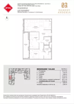 3 pokoje, mieszkanie 70,54 m², piętro 4, oferta nr 7.04.A22, Ogrody Andersa II, Gliwice, Wojska Polskiego, ul. Generała Władysława Andersa