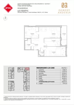 3 pokoje, mieszkanie 76,67 m², piętro 1, oferta nr 2.01.D08, Ogrody Andersa IV, Gliwice, Wojska Polskiego, ul. J. Sowińskiego