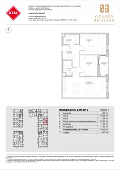 3 pokoje, mieszkanie 75,90 m², piętro 1, oferta nr 2.01.D10, Ogrody Andersa IV, Gliwice, Wojska Polskiego, ul. J. Sowińskiego