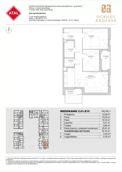 3 pokoje, mieszkanie 72,13 m², piętro 1, oferta nr 2.01.E15, Ogrody Andersa IV, Gliwice, Wojska Polskiego, ul. J. Sowińskiego