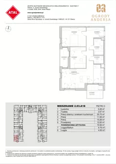 3 pokoje, mieszkanie 72,06 m², piętro 3, oferta nr 2.03.A18, Ogrody Andersa IV, Gliwice, Wojska Polskiego, ul. J. Sowińskiego