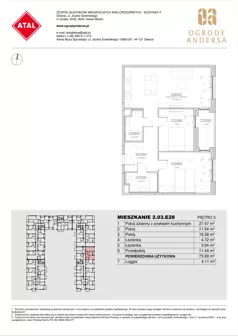 3 pokoje, mieszkanie 75,69 m², piętro 3, oferta nr 2.03.E28, Ogrody Andersa IV, Gliwice, Wojska Polskiego, ul. J. Sowińskiego