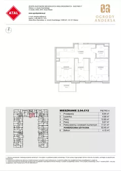 3 pokoje, mieszkanie 53,45 m², piętro 4, oferta nr 2.04.C12, Ogrody Andersa IV, Gliwice, Wojska Polskiego, ul. J. Sowińskiego