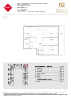 3 pokoje, mieszkanie 72,59 m², piętro 4, oferta nr 2.04.D26, Ogrody Andersa IV, Gliwice, Wojska Polskiego, ul. J. Sowińskiego