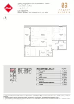 3 pokoje, mieszkanie 77,38 m², piętro 1, oferta nr 3.01.A08, Ogrody Andersa IV, Gliwice, Wojska Polskiego, ul. J. Sowińskiego