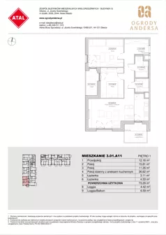 3 pokoje, mieszkanie 73,29 m², piętro 1, oferta nr 3.01.A11, Ogrody Andersa IV, Gliwice, Wojska Polskiego, ul. J. Sowińskiego