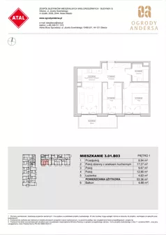 3 pokoje, mieszkanie 53,36 m², piętro 1, oferta nr 3.01.B03, Ogrody Andersa IV, Gliwice, Wojska Polskiego, ul. J. Sowińskiego