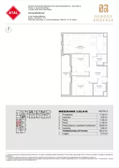 3 pokoje, mieszkanie 69,12 m², piętro 2, oferta nr 3.02.A18, Ogrody Andersa IV, Gliwice, Wojska Polskiego, ul. J. Sowińskiego