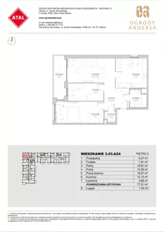 3 pokoje, mieszkanie 77,51 m², piętro 3, oferta nr 3.03.A24, Ogrody Andersa IV, Gliwice, Wojska Polskiego, ul. J. Sowińskiego
