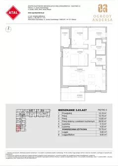 3 pokoje, mieszkanie 72,79 m², piętro 3, oferta nr 3.03.A27, Ogrody Andersa IV, Gliwice, Wojska Polskiego, ul. J. Sowińskiego