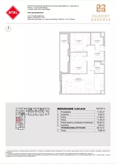 3 pokoje, mieszkanie 69,10 m², piętro 4, oferta nr 3.04.A34, Ogrody Andersa IV, Gliwice, Wojska Polskiego, ul. J. Sowińskiego