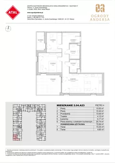 3 pokoje, mieszkanie 73,56 m², piętro 4, oferta nr 2.04.A23, Ogrody Andersa IV, Gliwice, Wojska Polskiego, ul. J. Sowińskiego