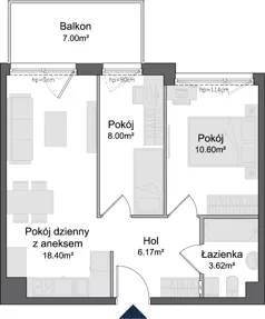 3 pokoje, mieszkanie 46,79 m², piętro 1, oferta nr 1.1.06, Osiedle Rytelska, Gdańsk, Orunia Górna-Gdańsk Południe, ul. Rytelska