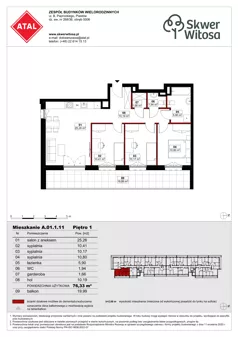 4 pokoje, mieszkanie 76,28 m², piętro 1, oferta nr A01.1.11, Skwer Witosa, Piastów, ul. Bodycha/Witosa