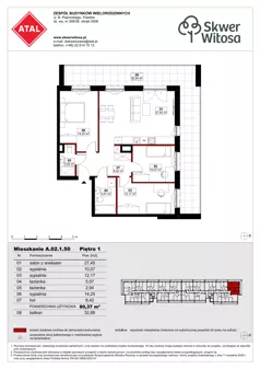 4 pokoje, mieszkanie 80,37 m², piętro 1, oferta nr A02.1.50, Skwer Witosa, Piastów, ul. Bodycha/Witosa