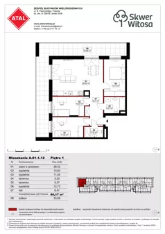 4 pokoje, mieszkanie 80,17 m², piętro 1, oferta nr A01.1.12, Skwer Witosa, Piastów, ul. Bodycha/Witosa