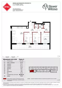 4 pokoje, mieszkanie 76,28 m², piętro 2, oferta nr A01.2.20, Skwer Witosa, Piastów, ul. Bodycha/Witosa