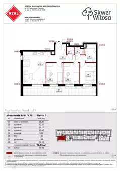 4 pokoje, mieszkanie 76,33 m², piętro 3, oferta nr A01.3.29, Skwer Witosa, Piastów, ul. Bodycha/Witosa
