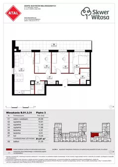 4 pokoje, mieszkanie 81,97 m², piętro 3, oferta nr B01.3.31, Skwer Witosa, Piastów, ul. Bodycha/Witosa