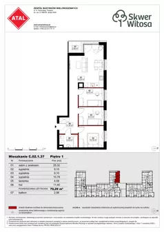 4 pokoje, mieszkanie 70,29 m², piętro 1, oferta nr C02.1.37, Skwer Witosa, Piastów, ul. Bodycha/Witosa