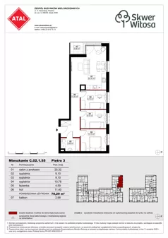 4 pokoje, mieszkanie 70,29 m², piętro 3, oferta nr C02.3.55, Skwer Witosa, Piastów, ul. Bodycha/Witosa