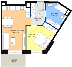 2 pokoje, mieszkanie 45,31 m², piętro 3, oferta nr 1B.3.59, Ogrody Geyera Apartamenty, Łódź, Śródmieście, ul. Piotrkowska 293/305