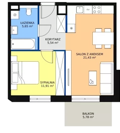 2 pokoje, mieszkanie 44,55 m², piętro 5, oferta nr 1A.5.35, Ogrody Geyera Apartamenty, Łódź, Śródmieście, ul. Piotrkowska 293/305