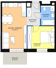 2 pokoje, mieszkanie 44,02 m², piętro 5, oferta nr 1B.5.70, Ogrody Geyera Apartamenty, Łódź, Śródmieście, ul. Piotrkowska 293/305