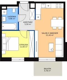 2 pokoje, mieszkanie 43,78 m², piętro 1, oferta nr 2F.1.198, Ogrody Geyera Apartamenty, Łódź, Śródmieście, ul. Piotrkowska 293/305