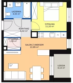 2 pokoje, mieszkanie 46,05 m², piętro 1, oferta nr 2H.1.284, Ogrody Geyera Apartamenty, Łódź, Śródmieście, ul. Piotrkowska 293/305