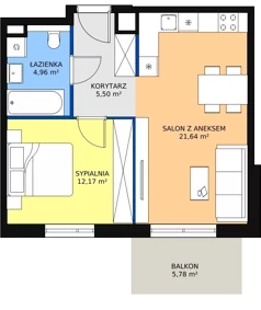 2 pokoje, mieszkanie 44,19 m², piętro 3, oferta nr 2F.3.206, Ogrody Geyera Apartamenty, Łódź, Śródmieście, ul. Piotrkowska 293/305