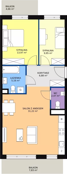 3 pokoje, mieszkanie 69,49 m², piętro 1, oferta nr 1F-1-3, Naramowice Odnova, Poznań, Naramowice, ul. Bielicowa