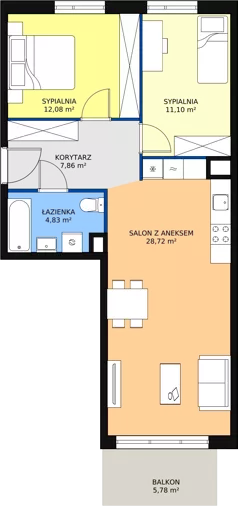 3 pokoje, mieszkanie 64,68 m², piętro 1, oferta nr 2B-1-1, Naramowice Odnova, Poznań, Naramowice, ul. Bielicowa