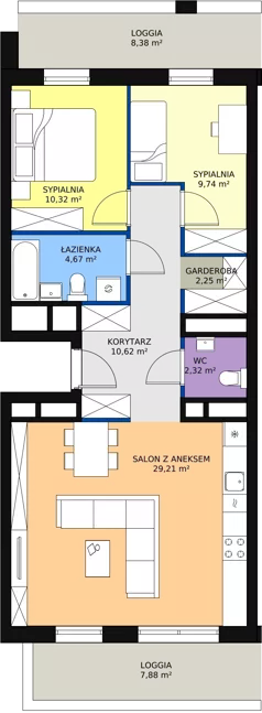 3 pokoje, apartament 69,13 m², piętro 8, oferta nr H2-D-8-1, Heyki City ATAL, Szczecin, Prawobrzeże, Międzyodrze, ul. Leona Heyki