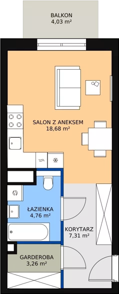1 pokój, mieszkanie 34,01 m², piętro 2, oferta nr M2.2.105, Modern Helenów, Łódź, Bałuty, Helenów, ul. Smugowa 10/12