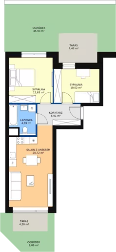 3 pokoje, mieszkanie 53,97 m², parter, oferta nr 1.00.C02, Ogrody Andersa III, Gliwice, Wojska Polskiego, ul. Generała Władysława Andersa