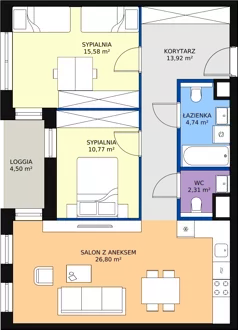 3 pokoje, mieszkanie 74,12 m², piętro 1, oferta nr 1.01.B08, Ogrody Andersa III, Gliwice, Wojska Polskiego, ul. Generała Władysława Andersa
