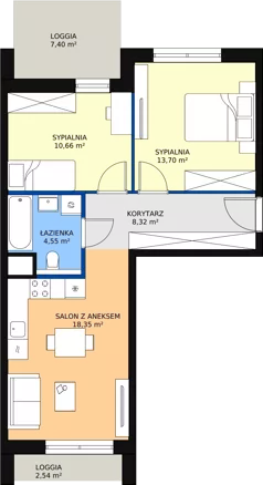 3 pokoje, mieszkanie 55,58 m², piętro 2, oferta nr 1.02.C07, Ogrody Andersa III, Gliwice, Wojska Polskiego, ul. Generała Władysława Andersa