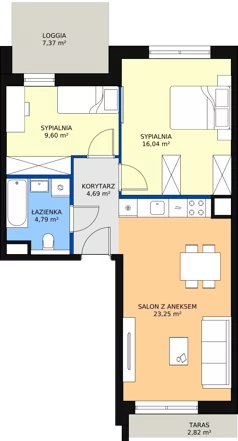 3 pokoje, mieszkanie 58,37 m², piętro 4, oferta nr 1.04.B28, Ogrody Andersa III, Gliwice, Wojska Polskiego, ul. Generała Władysława Andersa