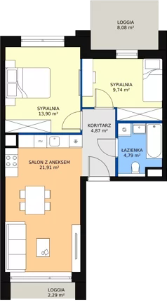3 pokoje, mieszkanie 55,21 m², piętro 4, oferta nr 1.04.D23, Ogrody Andersa III, Gliwice, Wojska Polskiego, ul. Generała Władysława Andersa